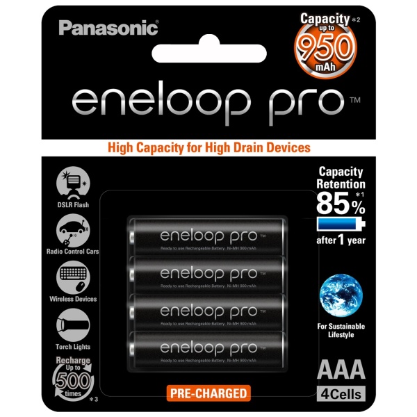 4 x Eneloop Pro Ni–MH Rechargeable AAA Batteries